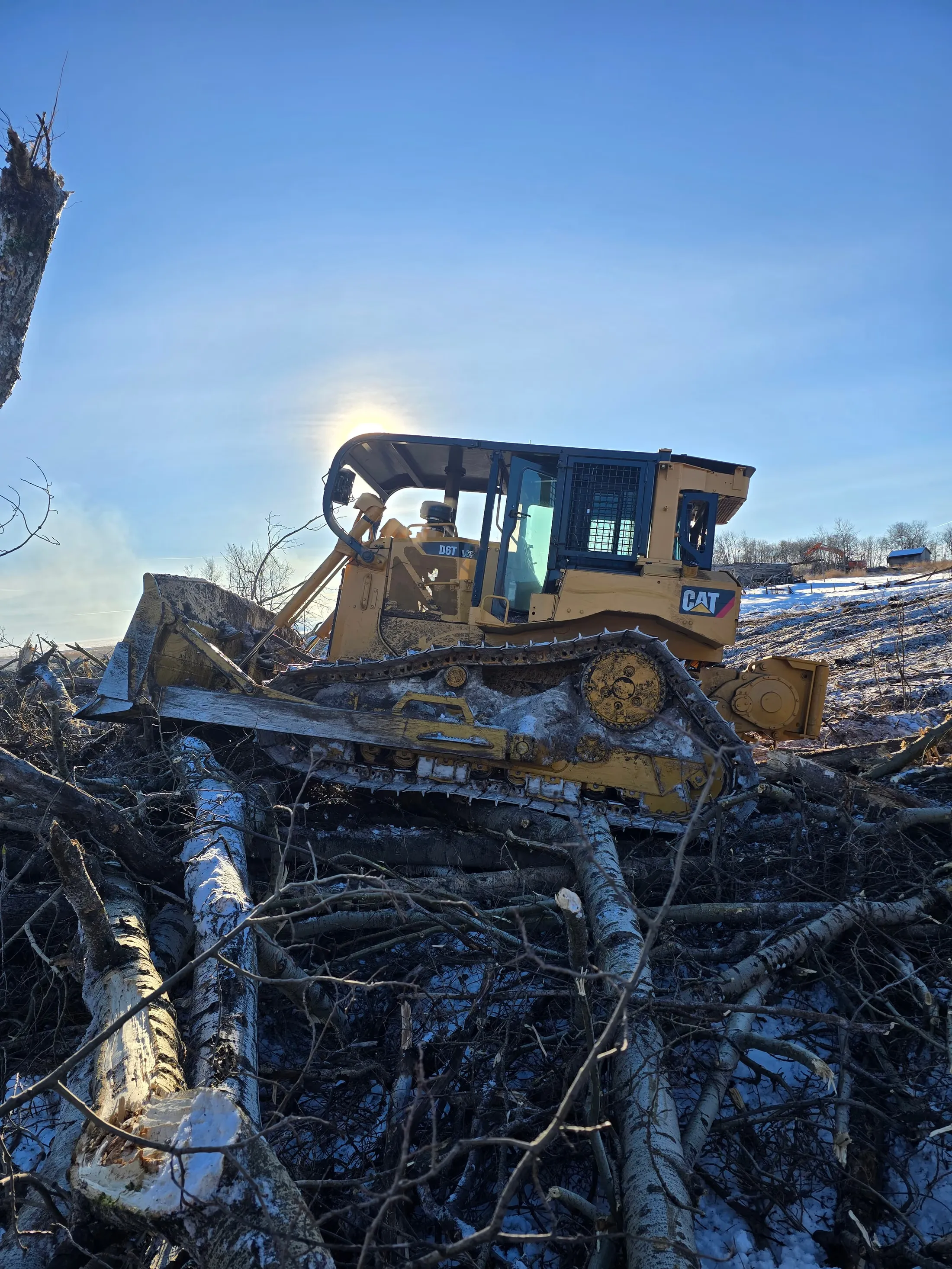 Heavy equipment clearing bush and trees to reclaim farmland acres in Saskatchewan