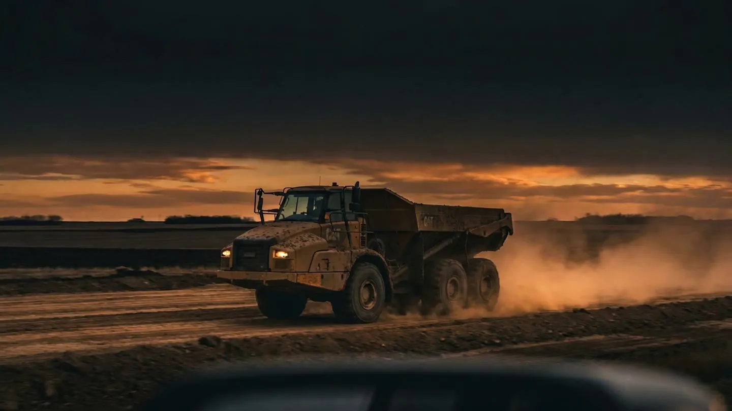 A loaded 45-tonne articulated off-road haul truck rolling across a graded site at dusk for Hard Work Industries