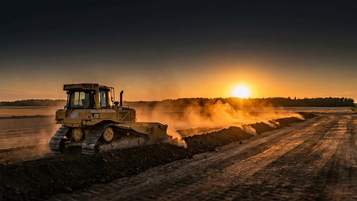 A Caterpillar D6 dozer pushing a windrow of prairie topsoil into the sunset on a Hard Work Industries earthworks site near Middle Lake, Saskatchewan